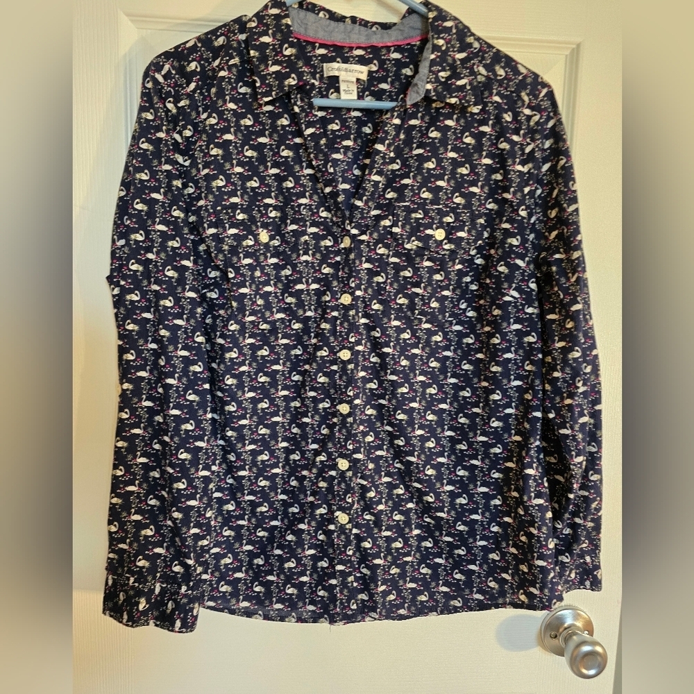 Croft & Barrow Swan Button-down Women's Size Petite Large Navy, White & Pink